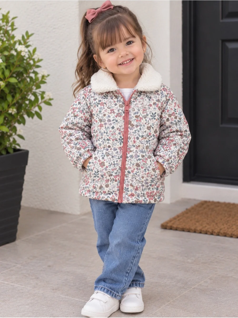 Carter's Floral Sherpa-Trim Puffer Jacket in Cream and Dusty Rose